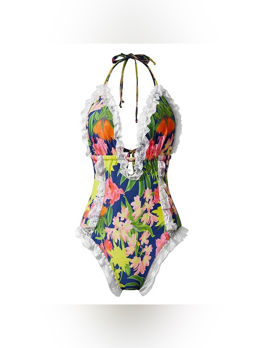 Floral Lace Ruffle Halter One-Piece Swimsuit - Navy Multi Women’s Large